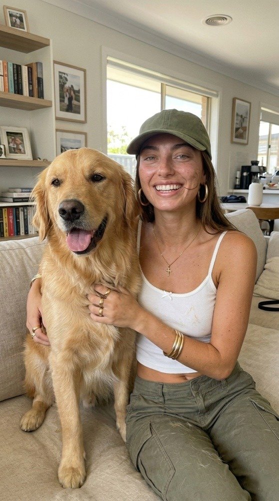 Sofi compartiendo tiempo con su perro mientras su página sigue vendiendo
